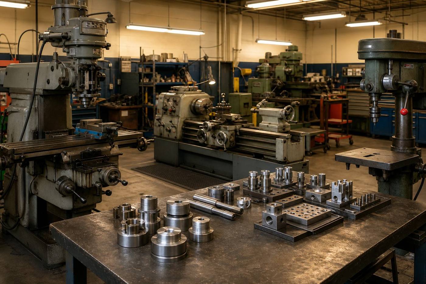 Organized machine shop floor with mills, lathes, and finished parts