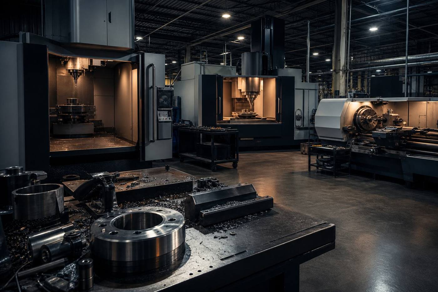 Industrial machine shop floor with large mills and lathes