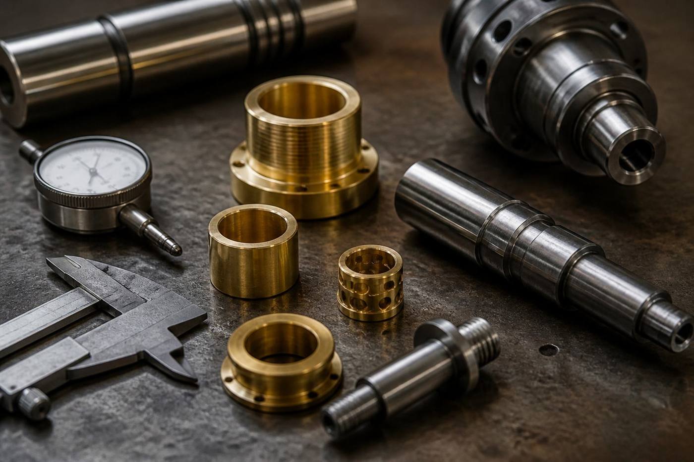 Precision machined metal parts, calipers, and a dial indicator on a workbench