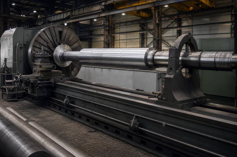 Large industrial lathe turning a long steel shaft