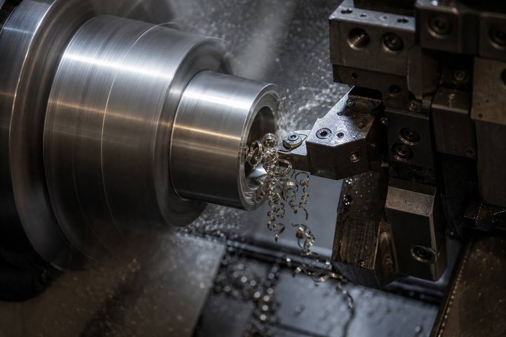 Close-up of a lathe cutting a steel cylinder